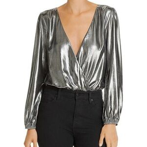 French Connection Silver Metallic Bodysuit Top NWT Women’s 6 Wrap V-neck